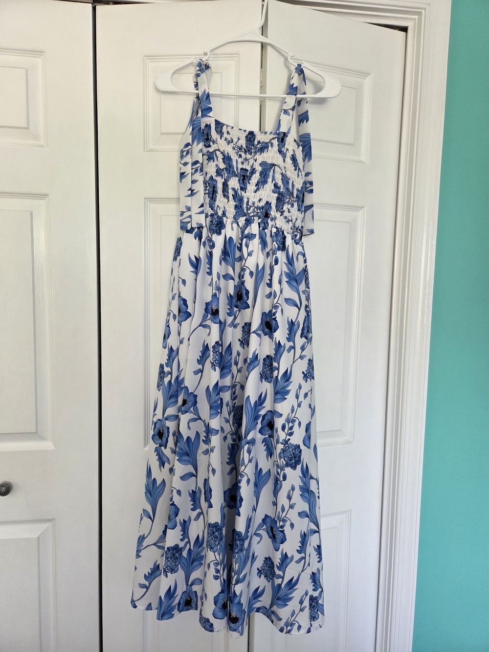 SHEIN Blue and White Floral Smocked Dress